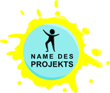Logo, Vektorgrafik, gelber Farbklecks mit türkisem Kreis, schwarzes Männchen tanzt im Kreis