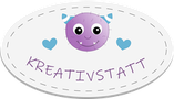 Logo, Vektorgrafik, liegendes oval, lila Monsterkopf im Oval, 2 kleine blaue Herzen jeweils neben dem Kopf, gebogener Schriftzug: Kreativstatt