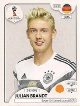 CROMO DE FÚTBOL - MUNDIAL DE RUSIA - 2.018 (PANINI) SELECCIÓN DE ALEMANIA - JULIAN BRANDT - Nº 444 (NUEVO) 0,40€.