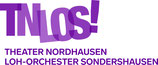 Logo der Theater Nordhausen/Loh-Orchester Sondershausen GmbH in violett: die Versalien TN LOS mit Ausrufezeichen, das LOS etwas schräg. Darunter steht Theater Nordhausen Loh-Orchester Sondershausen ebenfalls versal.