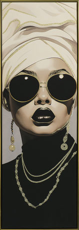 impression peinture main feuille metal decoration intérieure murale moderne tendance design portrait femme arabe turban lunette rond soleil noir beige collier hauteur idee cadeau anniversaire mariage paques noel mere pere papi mamie  solde 