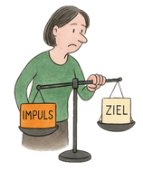 Frau steht vor Waage mit Impuls und Ziel – ADHS, Geldmanagement und Balance finden bei bricklebrit