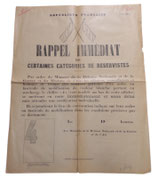 Affiche Rappel immédiat de certaines catégories de réservistes français WW2