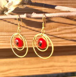 Boucles d'oreilles acier inoxydables dorée et verre rouge