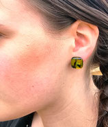 Boucles d'oreilles Argent, verre dichroïque jaune et motifs noirs
