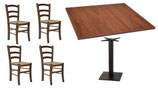Set Torino Bar Ristorante Pizzeria Tavoli Con Base Ghisa e Piano Noce + 4 Sedie Legno Impagliate Color Noce