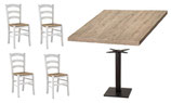 Set Tavoli Basamento Ghisa + Piano Rovere Antico e Sedie Bianche Bar Shabby per Arredare Bar, Pizzerie, Pub, Ristoranti, B&B, Taverne, Trattorie, Birrerie, Hotel e Alberghi.
