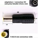 connecteur adaptateur DC prise femelle 5.5x2.1 et jack mâle 7.9x5.5 mm .B41.1.10