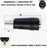 Adaptateur connecteur DC prise femelle 5.5x2.1 et jack mâle 2.5x0.7 mm .B41.1.2