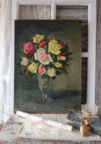 Shabby: Zauberhaftes antikes Ölgemälde Rosenbouquet Frankreich 1899