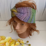 Bandeau croisé au crochet, serre tête femme en laine violette verte et jaune
