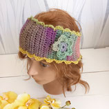 Bandeau femme au crochet ou serre tête en laine violette verte et jaune avec une fleur