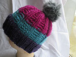 bonnet laine bleu, rose violet, bonnet ski pour homme, femme ou enfant en laine tricoté main