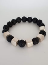 Elastische herenarmband van zwarte lava en vierkante sterling zilveren kralen