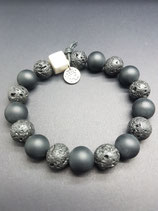 Elastische herenarmband van zwarte matte onyx en lava