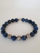 Elastische herenarmband van Dumortieriet en bewerkte sterling zilveren kralen