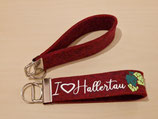 Schlüsselband rot meliert  "I Love Hallertau"  mit Hopfendolde