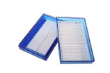 Caja de policarbonato azul para 25 portaobjetos estándar de 76x25 mm y 3"x1", para almacenaje a temperaturas ultrabajas de hasta -80 °C. Marca Heathrow Scientific 120316