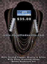 Multi-strand-copper,Bronze & Silver With Glass Diamond Shape Beads Necklace Set