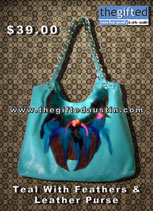 Teal With feathers & Leather Purse