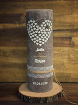 Hochzeitskerze Rustik Taupe, 30x10cm, großes Herz