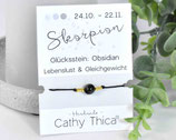 Sternzeichen Armband Skorpion mit Obsidian Edelstein, Spruchkarte und Bandfarbe nach Wahl