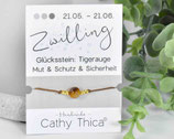 Sternzeichen Armband Zwilling mit Tigerauge Edelstein, Spruchkarte und Bandfarbe nach Wahl