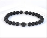 Herren Armband - schwarzer Obsidian matt mit Lava rund mit Edelstahl