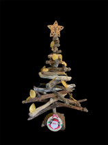 Sapin de Noël écolo en bois flotté et ses feuilles dorées sur les branches - Hauteur 61 cm