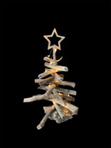 Sapin de Noël écolo en bois flotté,  Hauteur 45 cm, décoré d'une étoile en bois et d'une guirlande lumineuse