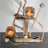 Bougeoir en bois flotté 2 bougies, décoré de coquillages