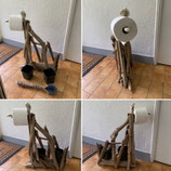 Distributeur papier toilette en bois flotté, brosse intégrée, poubelle et coquillages en décoration