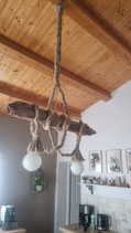 Lustre en bois flotté, corde de chanvre et 2 ampoules