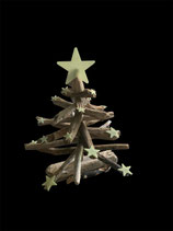 Sapin de Noël écolo en bois flotté,  Hauteur 45 cm, décoré d'étoiles fluorescentes