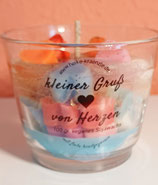 Gelkerze "kleiner Gruß von Herzen" im Glas mit Sojawachsherzchen