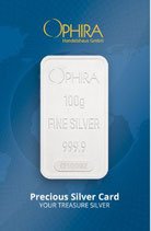 Silberbarren, 100 g OPHIRA  geprägt, Feinsilber 999,9, mit Serienummer