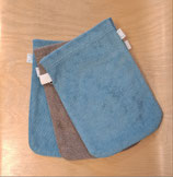 3 gants de toilette (2 bleu et 1 sable) - éponge fin, Iobio