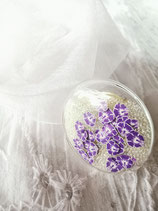 Bague 27 mm micro billes blanches transparentes et fleur fimo violettes