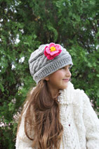 Gray Wool Pink Flower Gloria Beanie /Hat