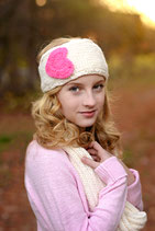 Natural and Pink Heart Knit Headband, ear warmer