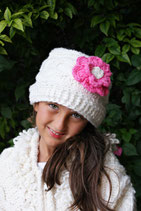 White & Pink Flower Wool Gloria Beanie /Hat