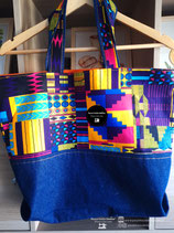 Grand sac en jeans et wax imprimé kenté multicolores