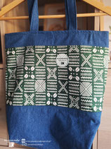 sac en jeans et wax imprimé bogolan vert