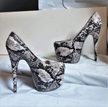 Gr. 36 - 39, sexy Plateau High Heels - "snake" Design - schwarz-weiß + schwarz-creme/beige