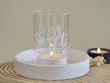 Teelichthalter mit Windlichtglas "Home sweet Home" Weiss