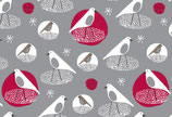 Kitzbühel Wintervögel grau rot weiß - 100% Baumwolle, Druckstoff, Breite ca. 150 cm, Oeko-Tex®-Standard 100