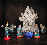 Geisterhaus Deko Set Thailand Blau mit Tempelwächter Paar 6 Symbolfiguren und Keramikschale für Spirit House und Altar Dekoration