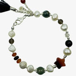 a-0256 Damen - Armband Süßwasser-Perlen weiß bunt Natursteinmix Echtsilberelemente Silber 925 Quaste