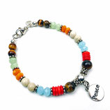 a-0180 Damen-Armband aus Tigerauge-Perlen, Jadeperlen und Koralleperlen, Peaceanhänger in Silber 925