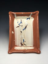Earthenware slab built tray with floral slip decoration - Contact for price